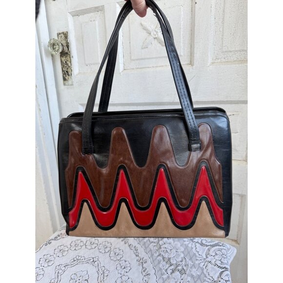 Vintage 1960s Abstract Vinyl Handbag Bold Wave top Handle Red Black Brown - Picture 1 of 15